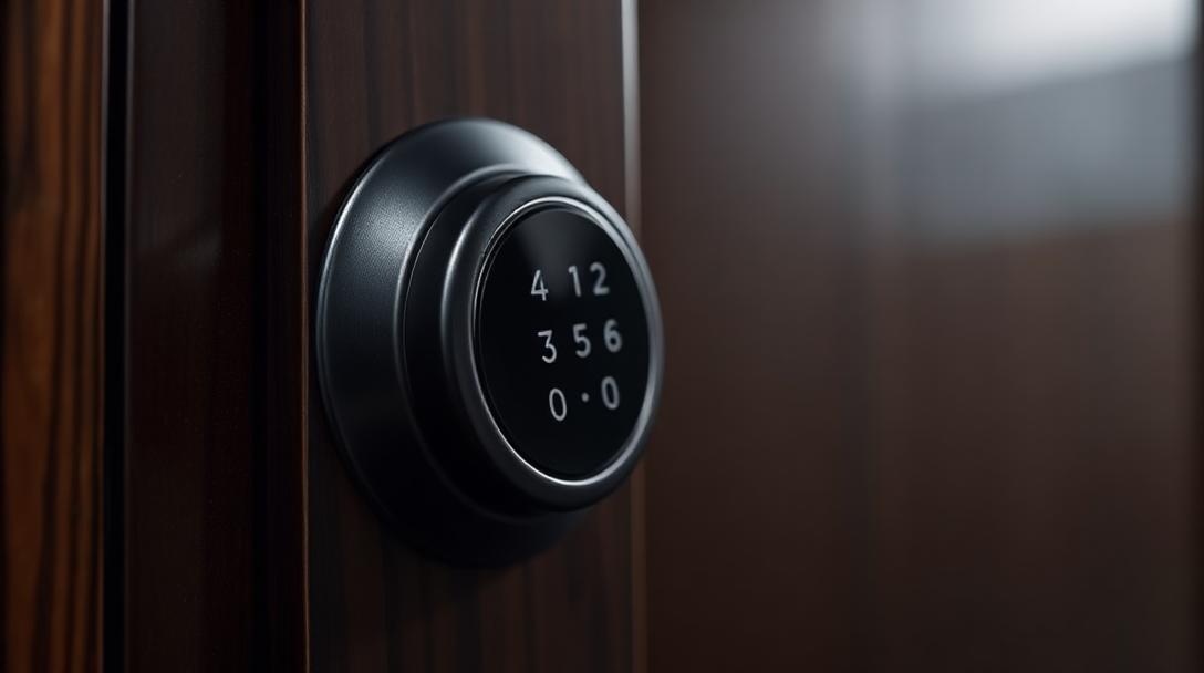 Yale smart door lock with keypad mounted on a dark wooden door